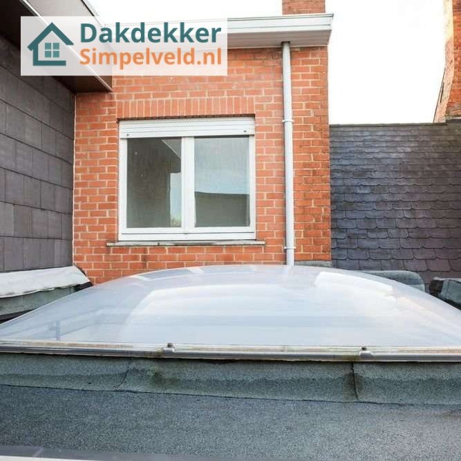 Inspectie van een plat dak met lichtkoepel Inspectie van een plat dak in simpelveld met lichtkoepel